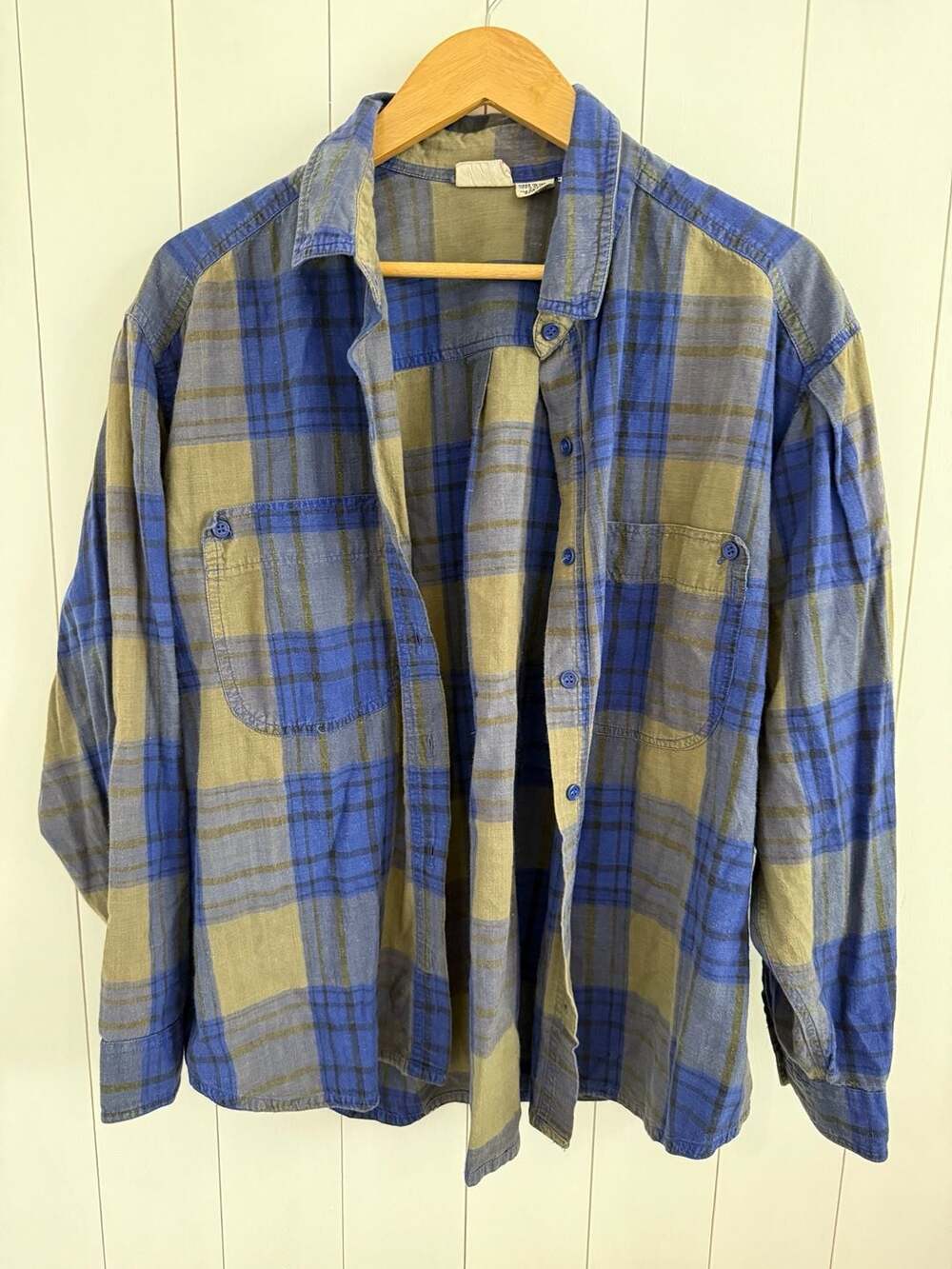 Palmetto's Vintage 100% Cotton Blue and Olive Plaid Button-Down Flannel Shirt